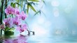 Pink orchids are reflected in the tranquil water, creating a serene and beautiful scene with a bamboo card in the background. Copy space.