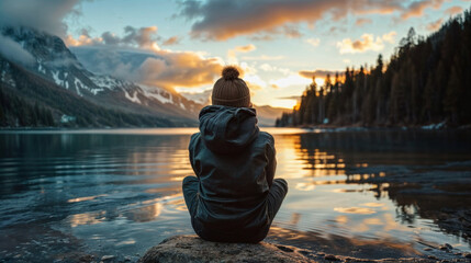 Wall Mural - Woman sitting on a rock and looking at the mountain lake at sunset