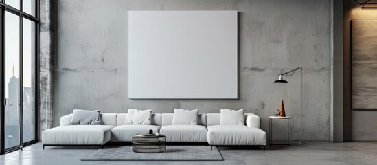 Sticker - A living room with a large white couch and a big picture frame