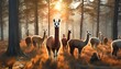 illustration of llamas with their flocks in the forest