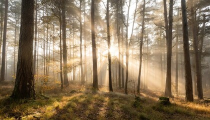 Wall Mural - mist in forest with sunbeam rays woods landscape
