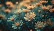 generative ai close up of blooming flowerbeds of amazing teal flowers on dark moody floral textured background photorealistic effect