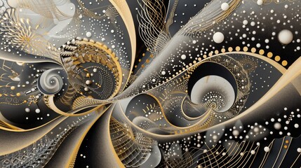 abstract fantastical illustration featuring swirls and circles in gold, black and white