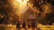 A family of four sits on a blanket in a clearing facing away from the camera and towards a small wooden chapel in the distance. The . .