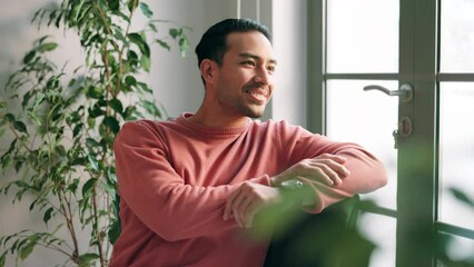 Aufkleber - Home, thinking and happy man on sofa in living room with idea, reflection or remember memory. Window, dream and person on couch in lounge for decision, inspiration or planning future in apartment