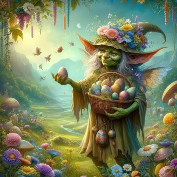 Female goblin with a basket Easter landscape