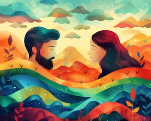 boy and girl couple Brainstorming Session Smoothing Calming Rhythms Innovative Vector Landscapes ,