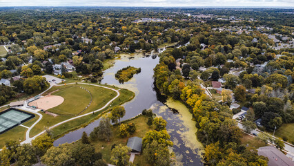 Wall Mural - aerial view of a creek and park