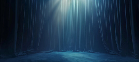 Dark blue theater curtains with spotlight on stage, theatrical drapery template