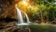 wide panorama beautiful green nature view scenic landscape waterfall in tropical jungle rain forest attraction famous outdoor travel saraburi thailand spring background tourism destination asi