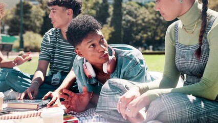 Sticker - Students, happiness and relax on grass with conversation on break, diversity and bonding with communication. Funny, friends and campus on field at university for study group with books and education.