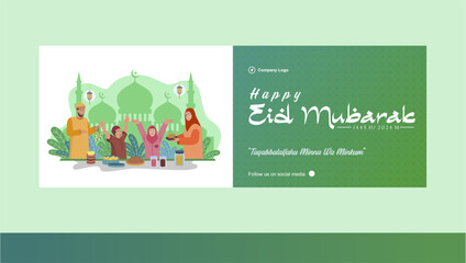 Wall Mural - Eid mubarak family gathering and eating together illustration. Design with moslem family, foods and snacks, mosque, logo and social media spot. Perfect for company banner. Happy Idul Fitri 1445 H