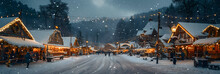 Christmas In The Ore Mountains,
Snowy Street With Christmas Lights And A Row Of Houses