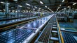 A view of a bustling production facility with conveyor belts carrying partially assembled solar panels along the assembly line. . .