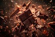 Chocolate bar pieces explosion with chunks and shards flying, food illustration
