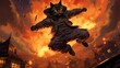 Illustrate the comedic yet thrilling sight of a ninja cat plummeting from the sky amidst flames, its proud stance transformed into embarrassment as it withers under the scrutiny of onlookers