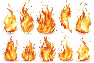 Canvas Print - Dramatic set of realistic burning fires, flames and sparks isolated on white background