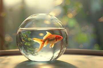 A captivating goldfish swimming in a crystal clear bowl adding a touch of living gold to a serene room