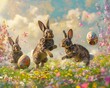 Blossom breeze 3D Easter card with bunnies chasing petals around colorfully painted eggs