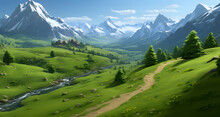 The View From Above Of A Grassy Mountain Valley With A Path Going Between Two Small Mountains And Trees