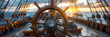 Steering wheel of old sailing vessel,
Ship steering wheel helm at sunset panoramic
