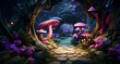 the mushroom path is lighted by lanterns and bright colored plants