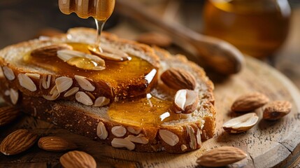 Wall Mural - Honey toast with sliced almonds scattered across the top and a stream of honey drizzled on top