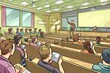 © Starlight - Cartoon cute doodles of a college lecture hall, with students taking notes, raising hands, and engaging with the professor during a lively class discussion, Generative AI