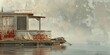 Rustic houseboat on a foggy morning, detailed texture on wood, soft light, a close-up full of stories