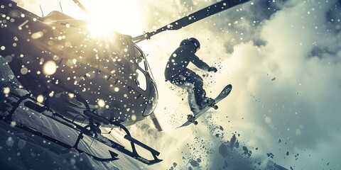 Wall Mural - Snowboarder jumping off a helicopter, snow spray in backlight, high contrast, action-packed close-up