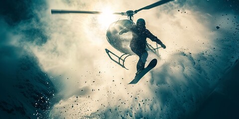 Poster - Snowboarder jumping off a helicopter, snow spray in backlight, high contrast, action-packed close-up 