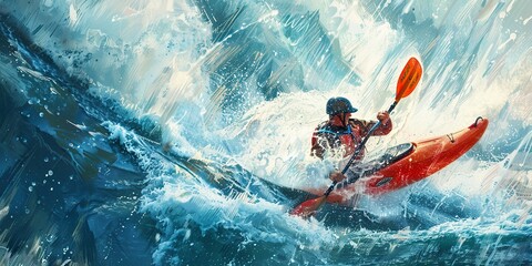 Canvas Print - Kayaker navigating through rapids, spray detail, vibrant water color, high energy and thrill 