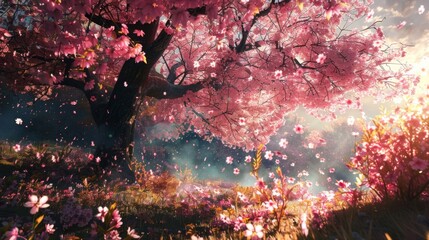 Bask in the radiance of a cherry orchard as it comes alive with colorful flower explosions