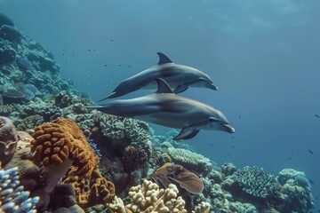 Wall Mural - Dolphin swimming in the sea. Tropical coral reef with marine life.