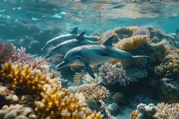 Wall Mural - Dolphin swimming in the sea. Tropical coral reef with marine life.