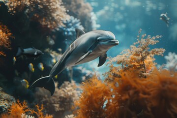 Wall Mural - Dolphin swimming in the sea. Tropical coral reef with marine life.