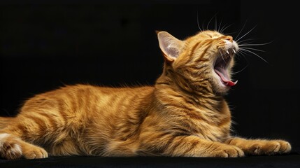 Wall Mural - An orange cat caught mid-yawn, showcasing its impressive flexibility and sharp claws