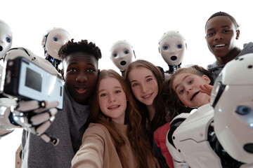 Poster - group of teenagers taking selfies with their beloved AI robots, reflecting the relationship between humans and AI.Isolated on a transparent background.
