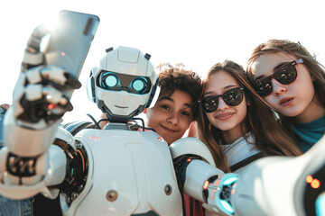 Poster - group of teenagers taking selfies with their beloved AI robots, reflecting the relationship between humans and AI.Isolated on a transparent background.