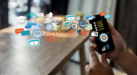 Poster - Seo Search Engine Optimization For Web Content Digital marketing media man using and typing on a digital tablet