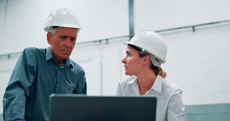 Poster - Laptop, conversation and manager with construction worker planning architecture for maintenance. Discussion, computer and foreman working with female engineer on site office for repairs or building.