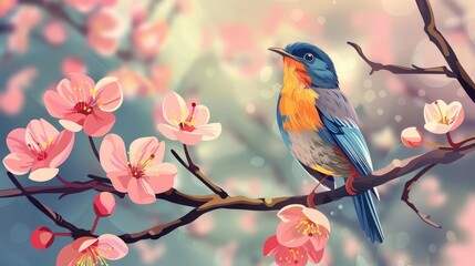 Naklejka na meble Colorful songbird perched on cherry blossom branch, springtime nature illustration