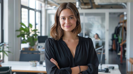 30-year-old lady CEO, steering successful startup, office backdrop.