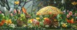 Rainy day 3D scene bunnies sheltering under leaf umbrellas by painted eggs