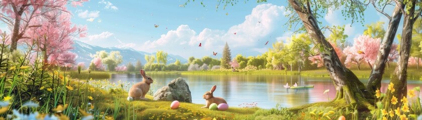 Riverside picnic 3D scene with bunnies lounging by the rivers edge