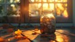 Golden Sunset Rays Casting Over a Jar of Savings Amidst Autumn Leaves