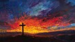 Dramatic sunset sky with sacred crucifix silhouette signifying redemption and faith, oil painting