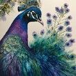 Peacock close-up watercolor painting, it looks at its own tail feathers.