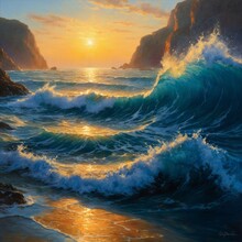 The Surging Waves Crash Towards The Shore From The Right, With Land Visible On Both Sides In The Distance. As The Sun Sets, It Paints The Sky And The Sea Orange.
