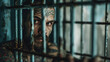 a sad guy full of tattoo inside prison cell